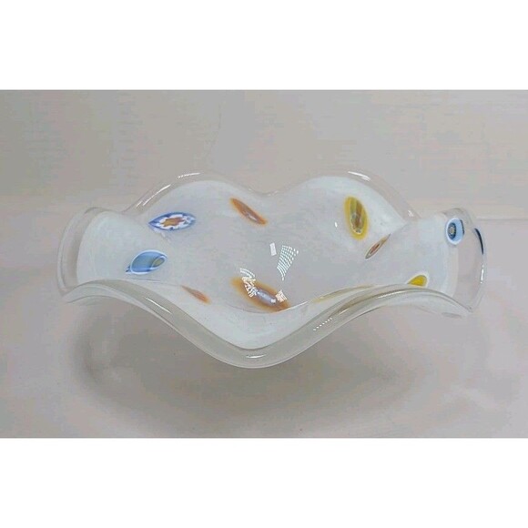 Vintage Lavorazione Murano Millefiori White Glass CenterPiece Bowl Italy 7.5" - Picture 4 of 4